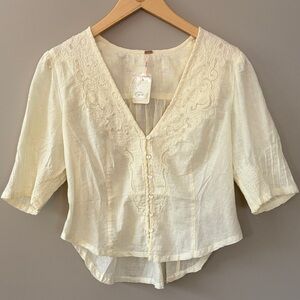 NWT Free People Laurie Embroidered Blouse Boho Size Small Victorian Ivory Cream